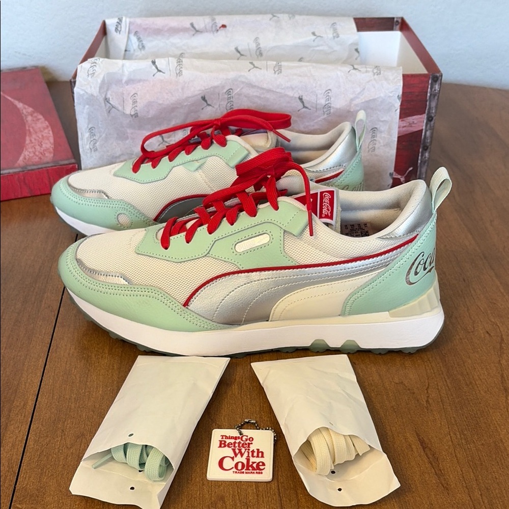 Puma Mint Green & Cream Sneakers with Red Accents - Picture 3 of 5